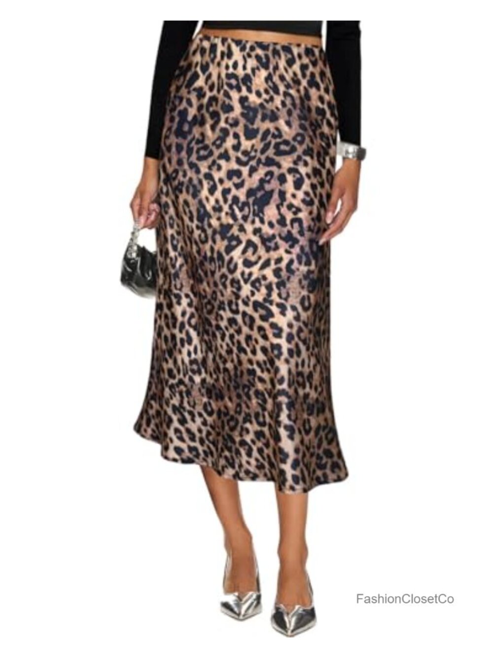 Women's Silk Satin Midi Skirt High Waisted A-Line Flared Hem